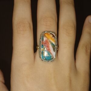 925 Sterling Silver  Genuine Gemstone Oyster Copper Turquoise Size 7
